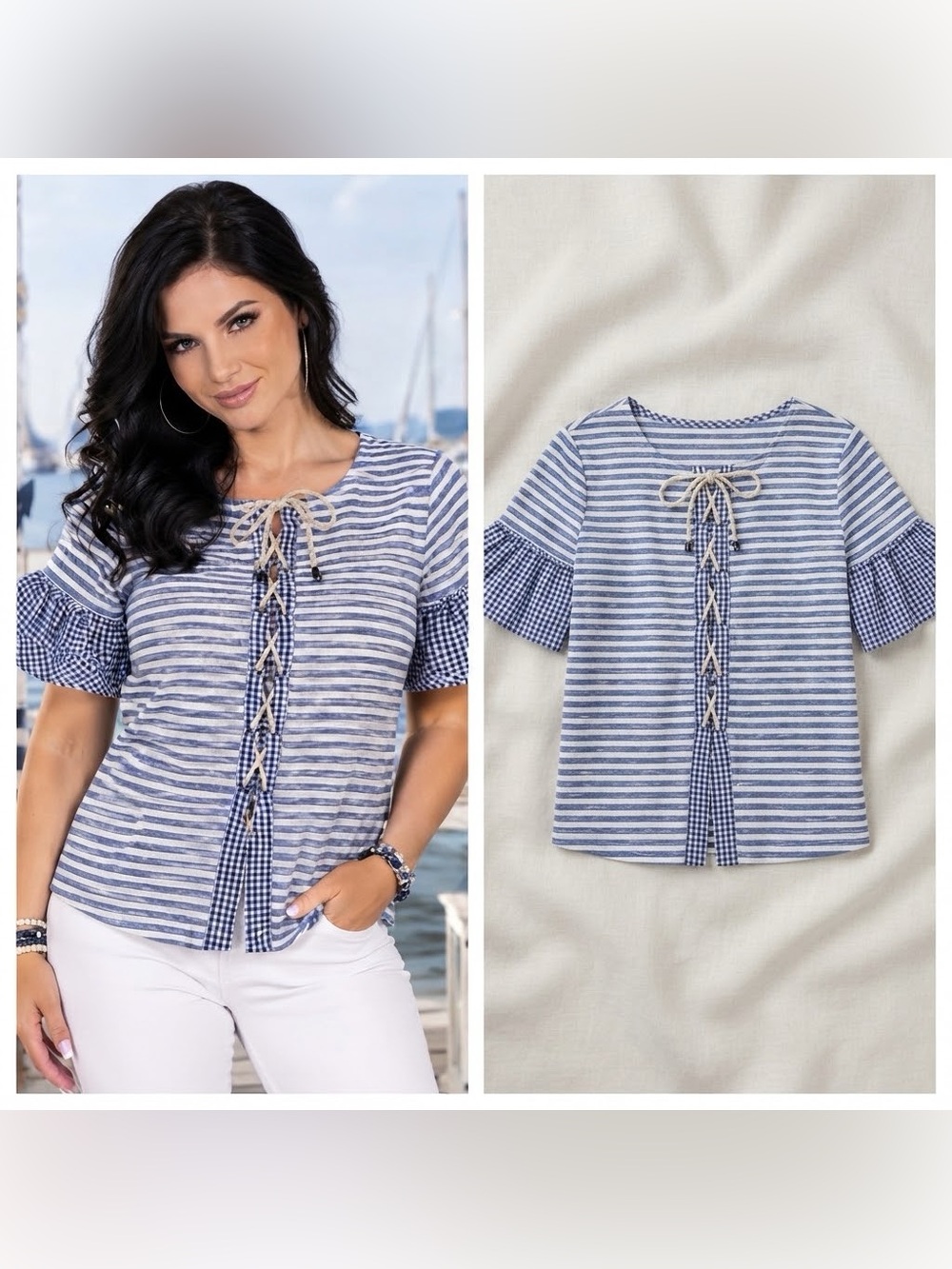 Copper Key women's Twee Striped Blue & White Lace Up Nautical Maiden blouse (S)